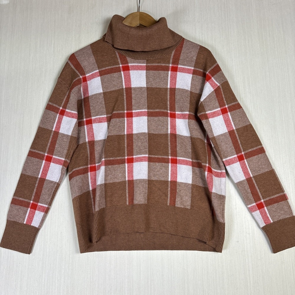 Tahari Womens Sweater Sz S Plaid Turtle‎ Neck Brown Red Harvest Fall Winter Top